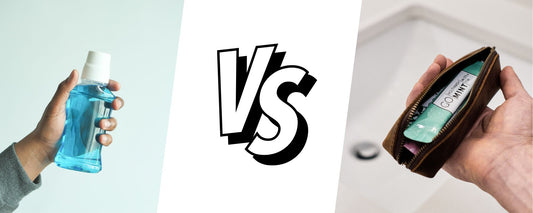Bulky mouthwash bottle vs convenient portable packet mouthwash