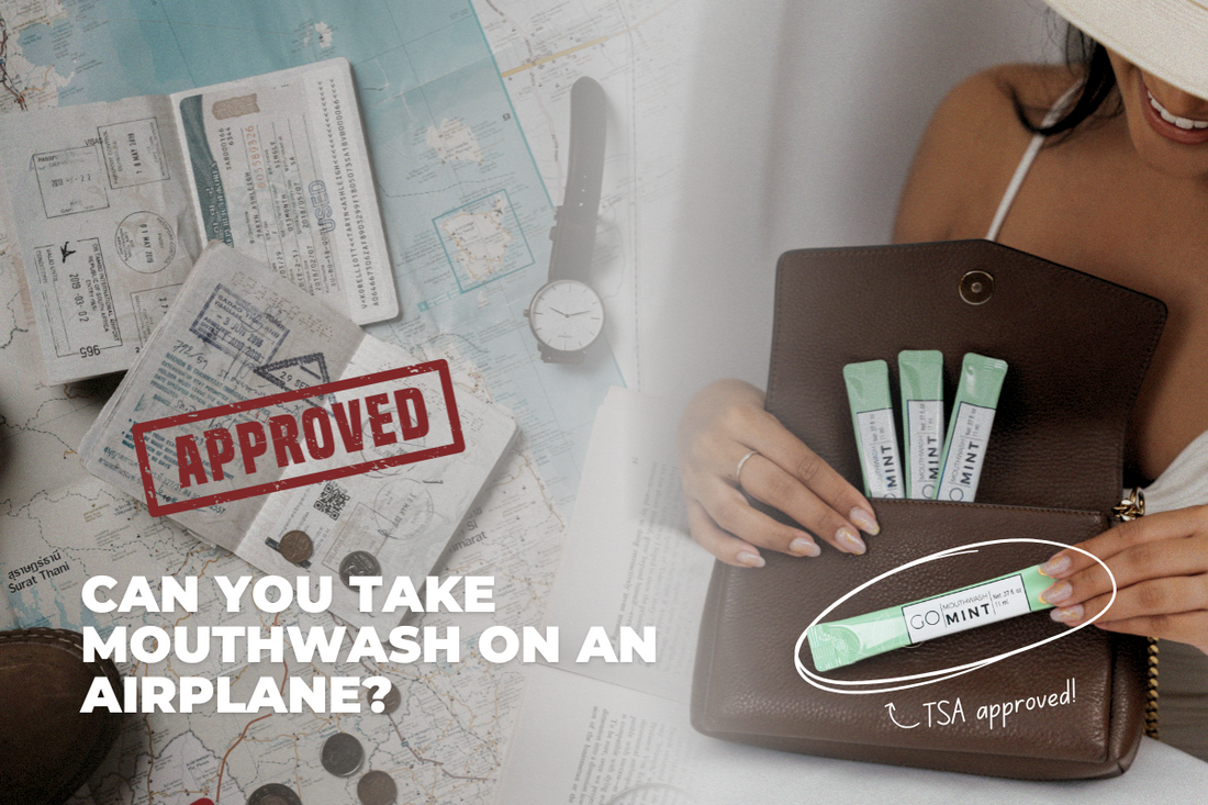 A woman places a travel-sized mouthwash into her purse, with a close-up of her passport getting stamped at airport immigration.
