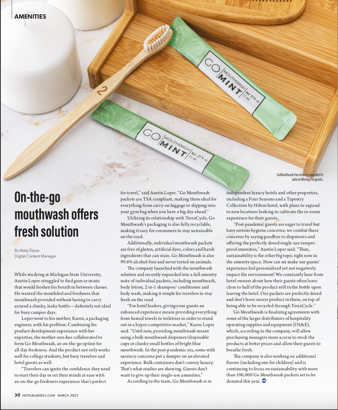 Go Mouthwash featured in Hotel Business Magazine Article
