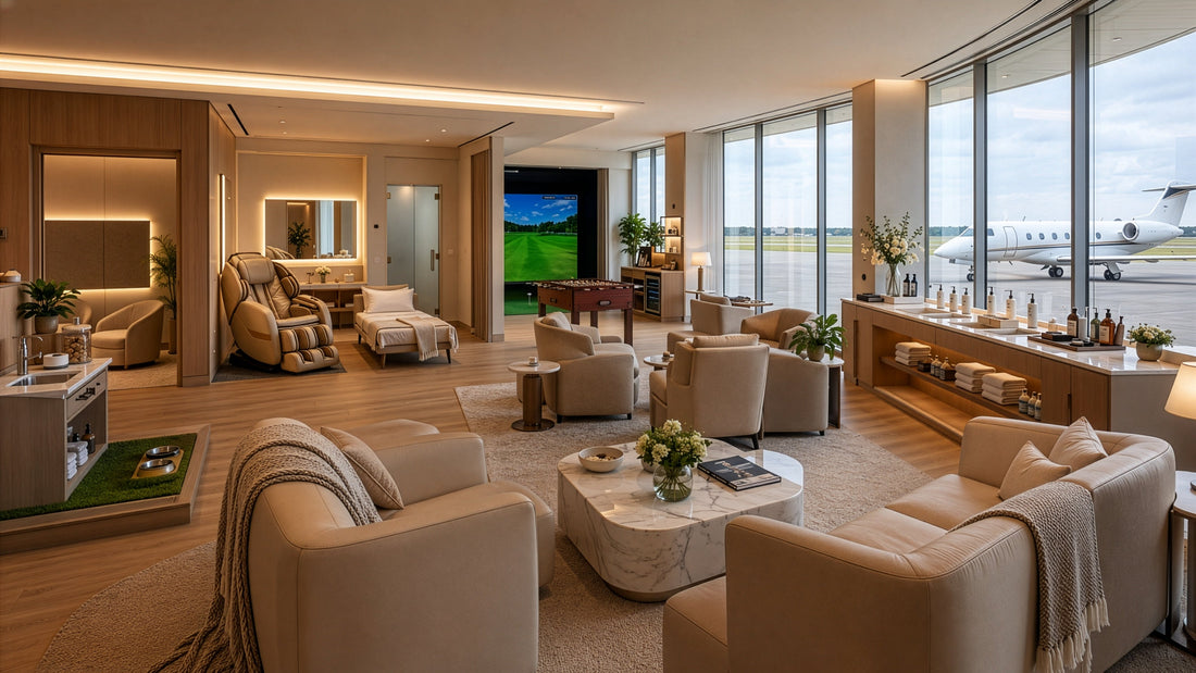 Modern luxury FBO lounge featuring wellness, recreation, pet-friendly, quiet-room, and personal-care amenities with a private jet outside.