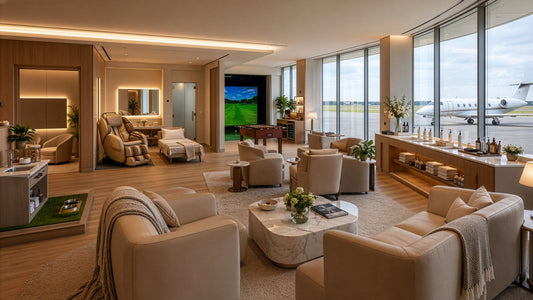 Modern luxury FBO lounge featuring wellness, recreation, pet-friendly, quiet-room, and personal-care amenities with a private jet outside.